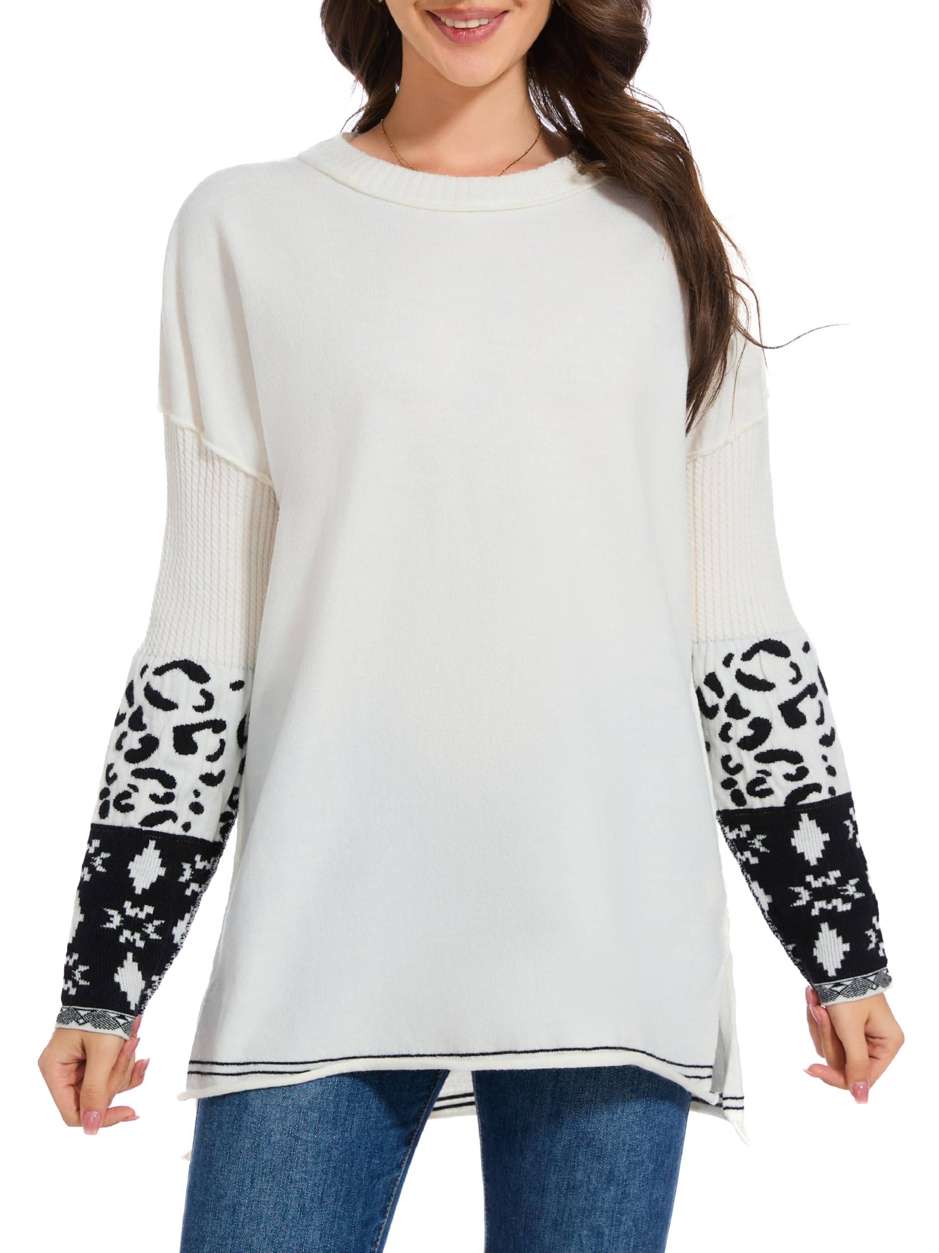 hathne Oversized Sweaters Pullover for Women Leopard Printed Cuff Casual Long Sleeve Knit Tops