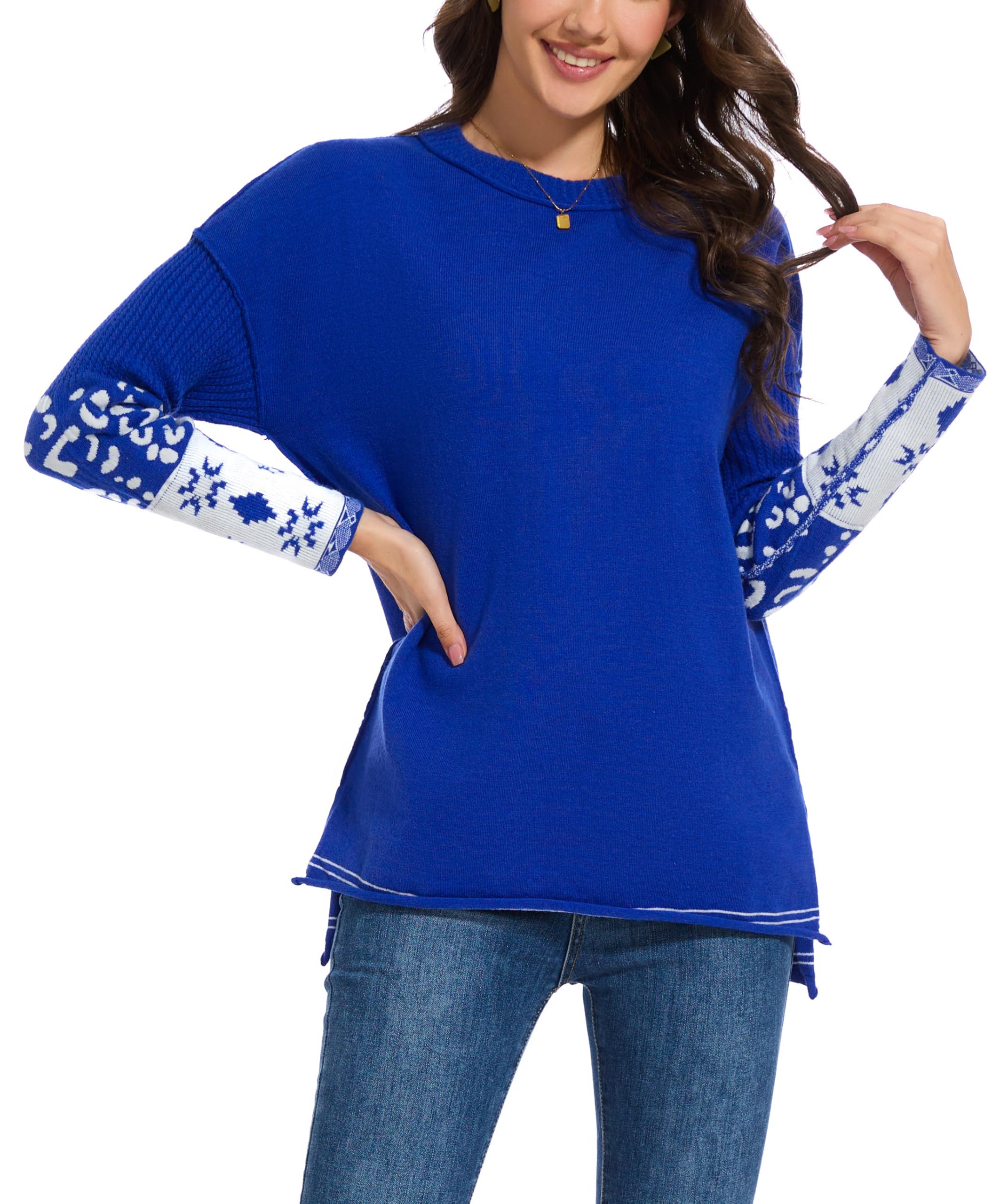 hathne Oversized Sweaters Pullover for Women Leopard Printed Cuff Casual Long Sleeve Knit Tops