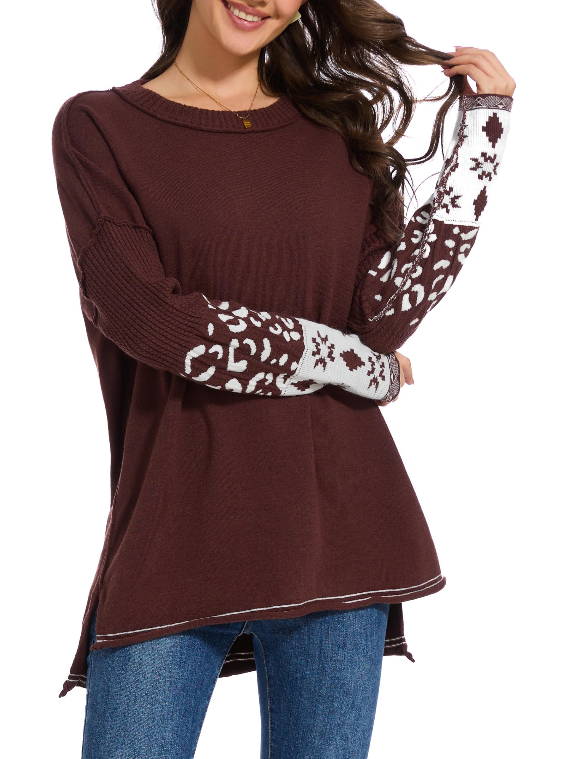 hathne Oversized Sweaters Pullover for Women Leopard Printed Cuff Casual Long Sleeve Knit Tops