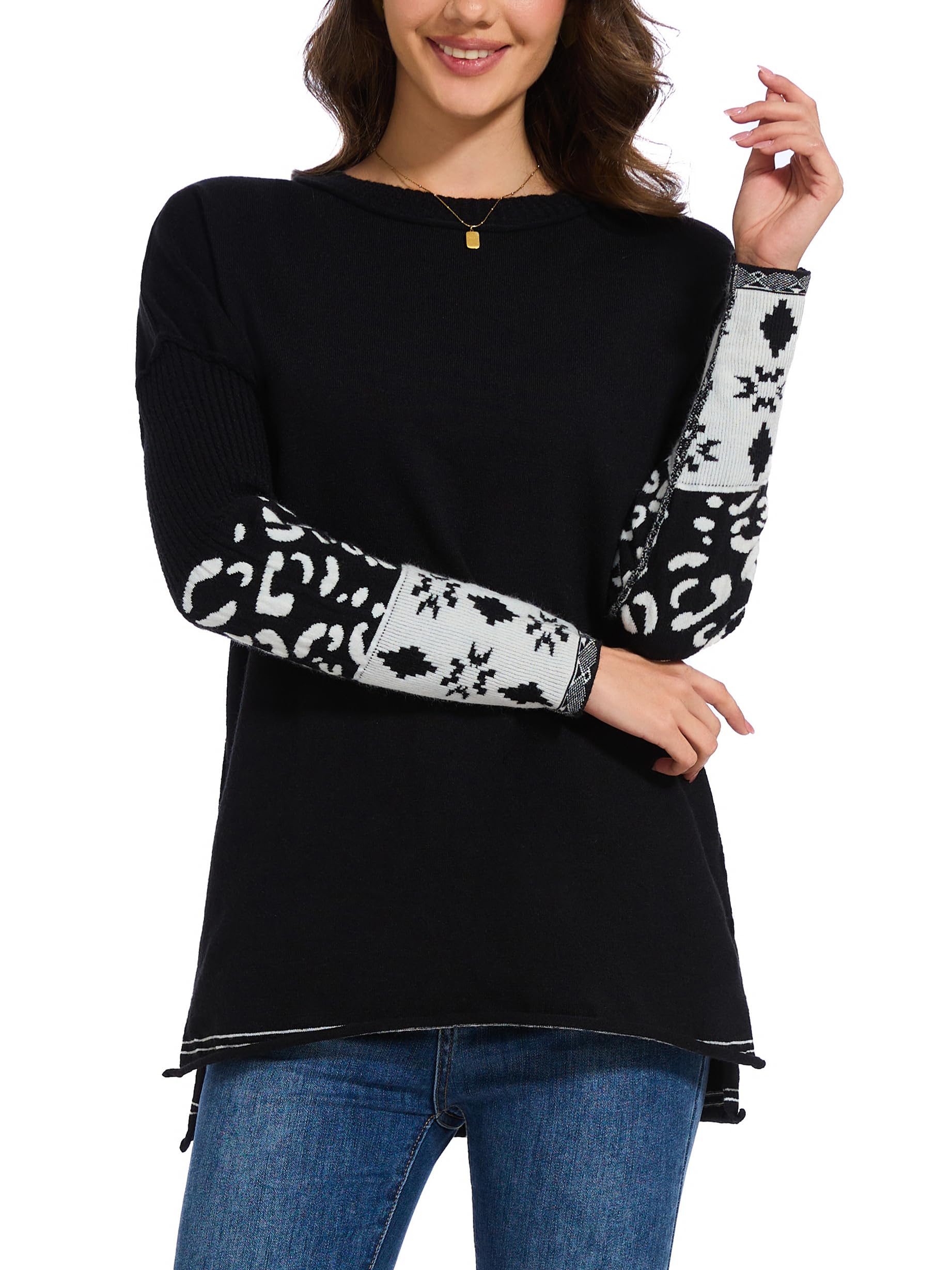 hathne Oversized Sweaters Pullover for Women Leopard Printed Cuff Casual Long Sleeve Knit Tops
